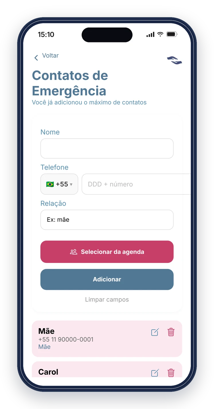 Tela para cadastrar contatos de confiança no Ampara